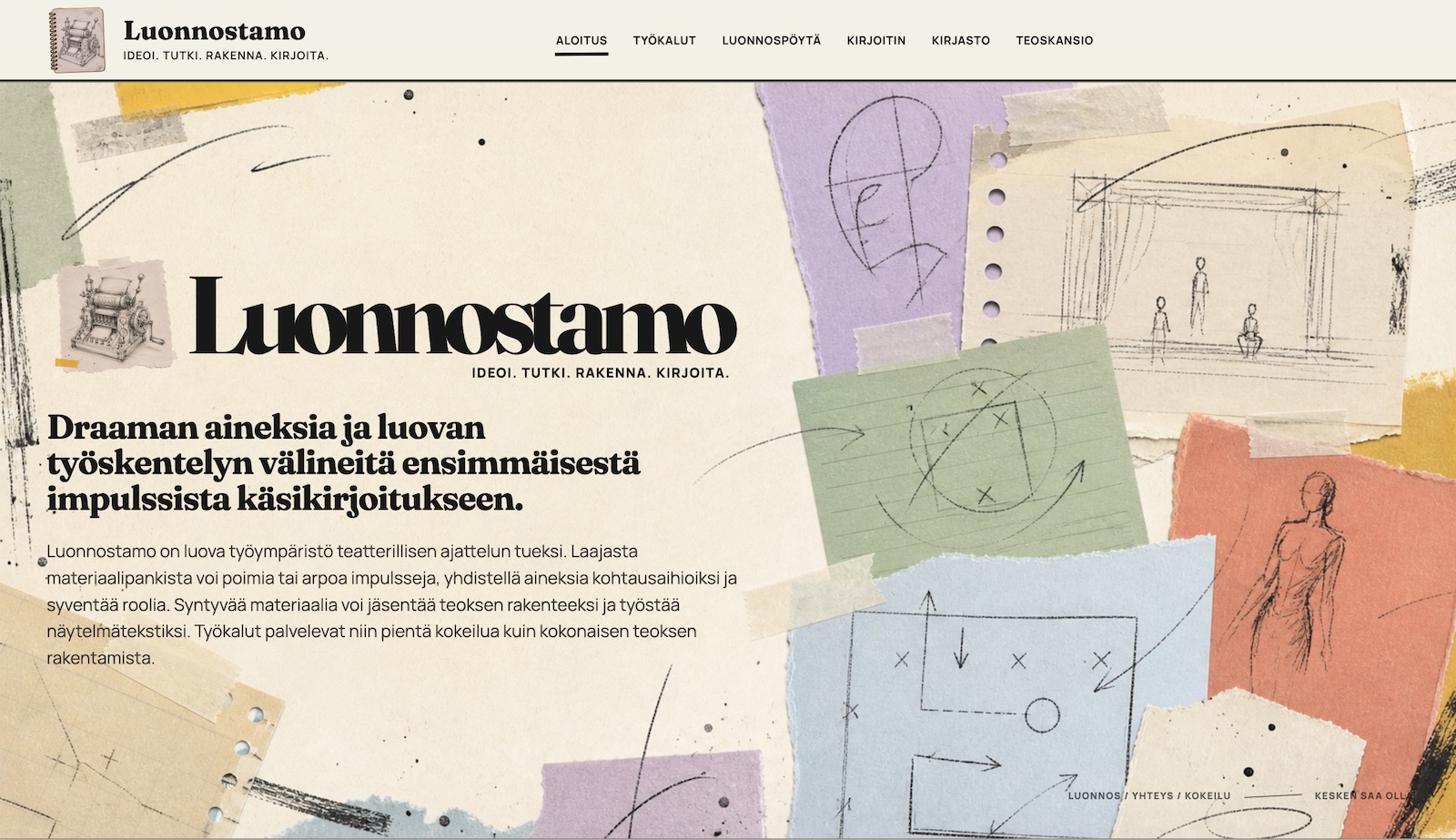 Luonnostamon työtilojen ja työkalujen yleisnäkymä